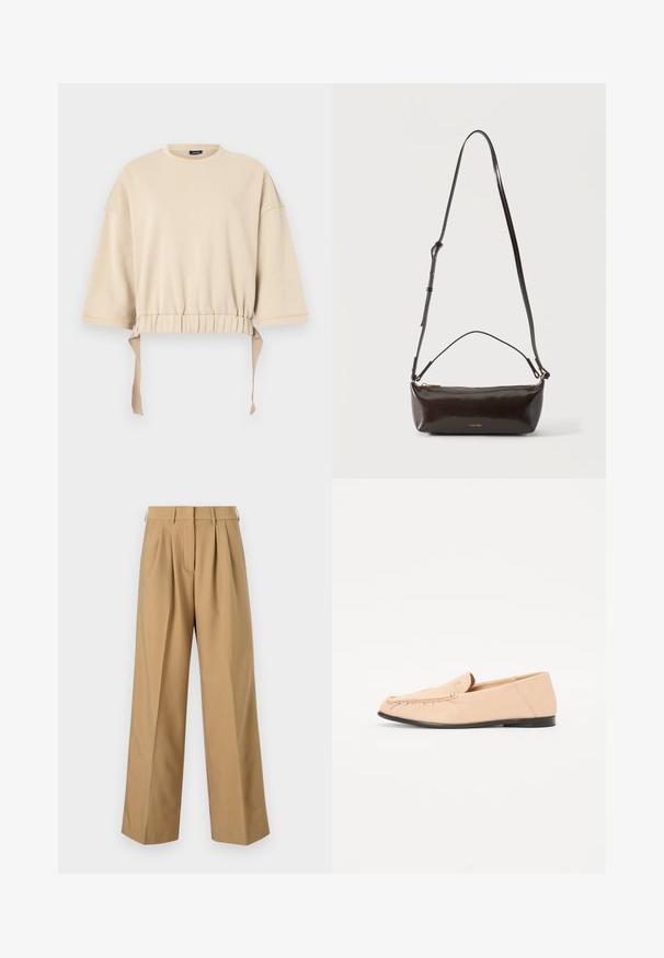 Beige cropped sweatshirt lavet af blødt materiale. Har brede ærmer, en samlet talje med snore, og en rund halsudskæring.; Beige bomuldsbukser med høj talje, plisseret foran, brede ben og en glat tekstur. Har standard talje og bælteløkker.; Beige læder loafers med syet detaljer, en flad sort sål og en rund tå. Minimalistisk design uden fremtrædende hardware eller accenter.; Lille blank mørkebrun læder skuldertaske med justerbar rem, top håndtag og gyldent lynlås lukning.