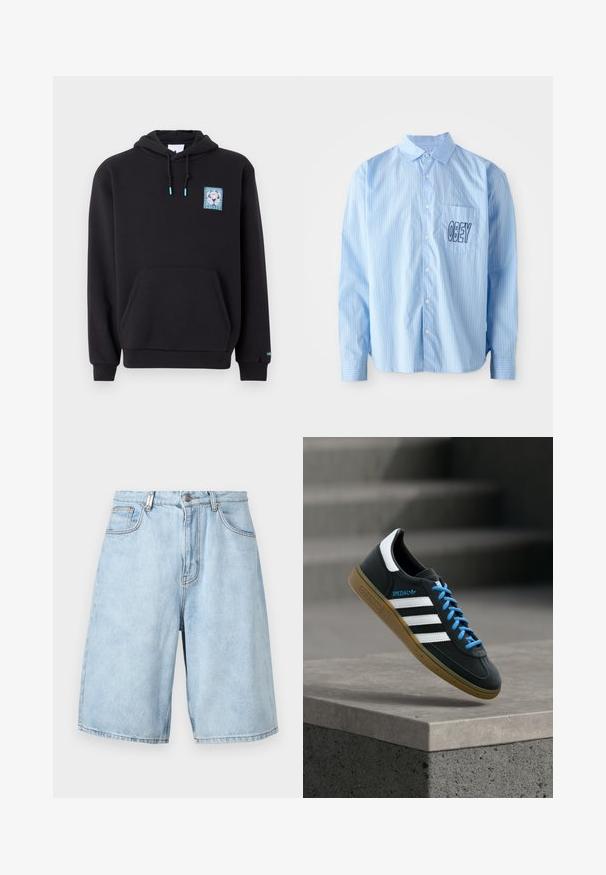 Schwarzer Hoodie aus Baumwollmischung, mit einer Fronttasche, Zugband-Kapuze und einem grafischen Patch in Blau und Weiß auf der Brust.; Hellblau gestreifte Button-up-Hemd mit langen Ärmeln, ausgestattet mit einer Brusttasche, auf der "OBEY" in fetter schwarzer Schrift gestickt ist.; Hellblaues Denim-Shorts mit lockerer Passform, ausgestattet mit zwei Fronttaschen, einem Reißverschluss und sichtbaren Nähten.; Schwarzer Adidas-Sneaker mit weißen Streifen, blauen Schnürsenkeln und Gummisohle, der über einer grauen Betontreppe im weichen Licht schwebt.