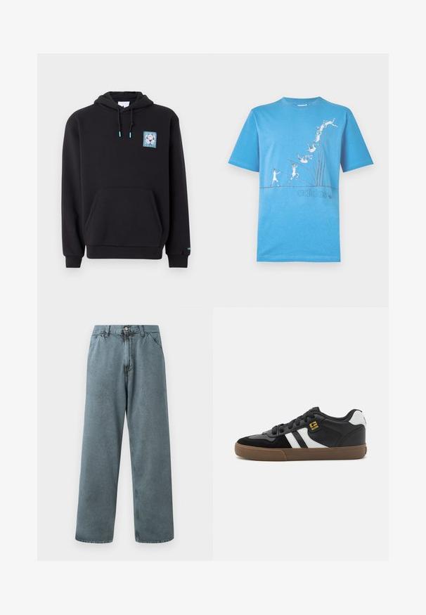 Schwarzer Hoodie aus Baumwollmischung, mit einer Fronttasche, Zugband-Kapuze und einem grafischen Patch in Blau und Weiß auf der Brust.; Blaues Baumwoll-T-Shirt mit einem grafischen Druck von stilisierten Figuren in Bewegung, mit dem Adidas-Logo in einem dunkleren Farbton nahe dem Saum.; Hellblaue Denim-Hosen mit geradem Bein, ausgestattet mit einem klassischen Knopfverschluss und einem Fünf-Taschen-Design. Weiche Textur und minimale Nähdetails.; Schwarz-weiße Sneakers mit einem Obermaterial aus Wildleder und Leder, ausgestattet mit weißen Streifen, schwarzen Schnürsenkeln und einer braunen Gummisohle. Mit goldenen Logo-Akzenten.
