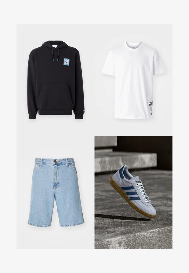 Sort hættetrøje lavet af en bomuldsblanding, med en frontlomme, snoretræk i hætten og et grafisk patch i blå og hvid på brystet.; Hvid bomulds-t-shirt med korte ærmer, rund halsudskæring og et sort Adidas-logo-patch på nedre venstre side. Glat struktur.; Lysblå denim shorts med en afslappet pasform, der har lynlås og knaplukning samt fire lommer. Stoffet har en glat tekstur.; Lyseblå Adidas Spezial sneakers med marineblå striber og gummisål, vist i luften over betontrapper i et neutralt udendørsmiljø.