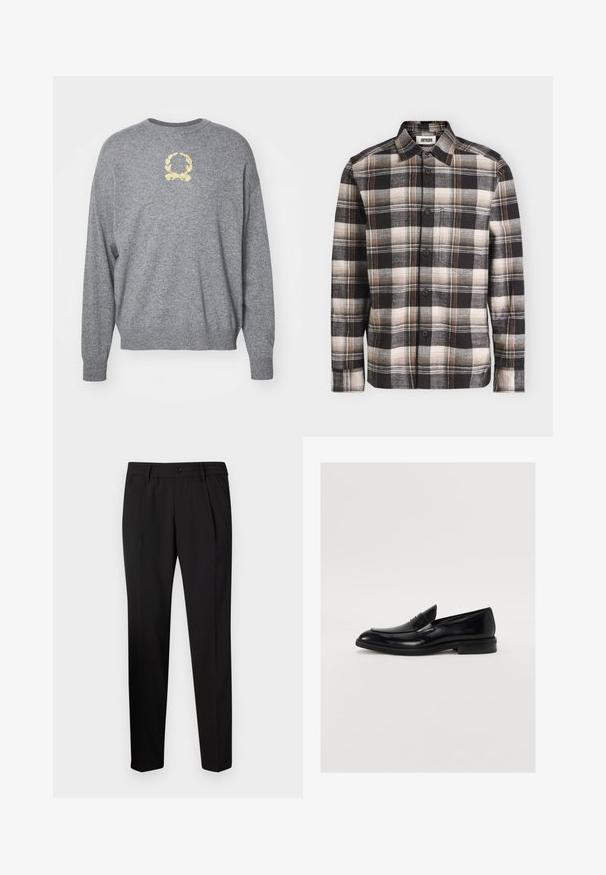 Grå strikket sweater med rund hals, prydet med en gul broderet laurbærdesign på brystet samt ribbede manchetter og fald.; Sort og hvid ternet skjorte med lange ærmer, knapper, brystlomme og krave, vist på en ensfarvet baggrund.; Sorte skræddersyede bukser med lige pasform, der har et elastisk talje bånd, en enkelt knap lukning og to frontplisseringer for ekstra detalje.; Sorte læder loafers med rund tå, subtil syning og en glat overflade. Har en lav stablet hæl og en strop over vamsen.