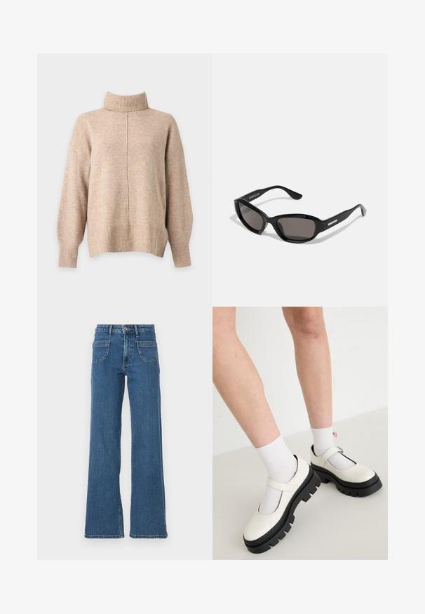 Pull beige à col roulé en maille, manches longues, poignets côtelés, ourlet et une couture verticale centrale à l'avant.; Jeans en denim bleu à jambes larges avec une taille haute, cinq poches, fermeture à boutons à l'avant et une finition légèrement délavée. Les ourlets et coutures cousus sont visibles.; Des chaussures Mary Jane en cuir verni blanc avec une semelle noire épaisse, comportant une sangle sur le cou-de-pied et portées avec des chaussettes blanches.; Lunettes de soleil noires avec une monture rectangulaire, des verres sombres, un matériau plastique lisse et un accent métallique sur la branche.