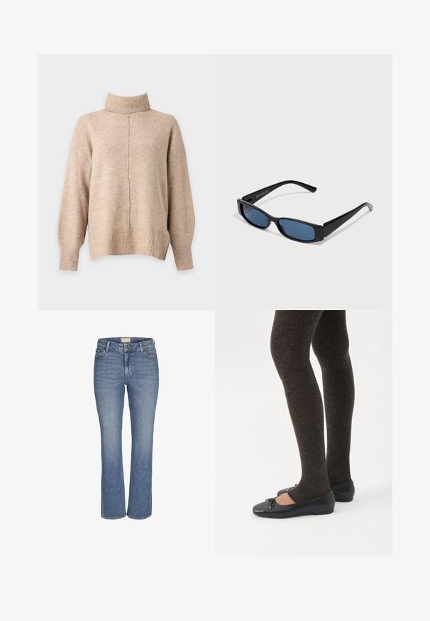 Pull beige à col roulé en maille, manches longues, poignets côtelés, ourlet et une couture verticale centrale à l'avant.; Jeans en denim bleu moyen, coupe droite, avec fermeture à boutons et à glissière à l'avant, passants de ceinture, et poches avant et arrière.; Jambes portant des leggings côtelés foncés associés à des ballerines noires avec de petits détails en nœud sur fond blanc.; Lunettes de soleil noires avec une monture rectangulaire élégante et des verres bleus. Présente une texture lisse et des branches robustes. Logo de la marque sur le côté.