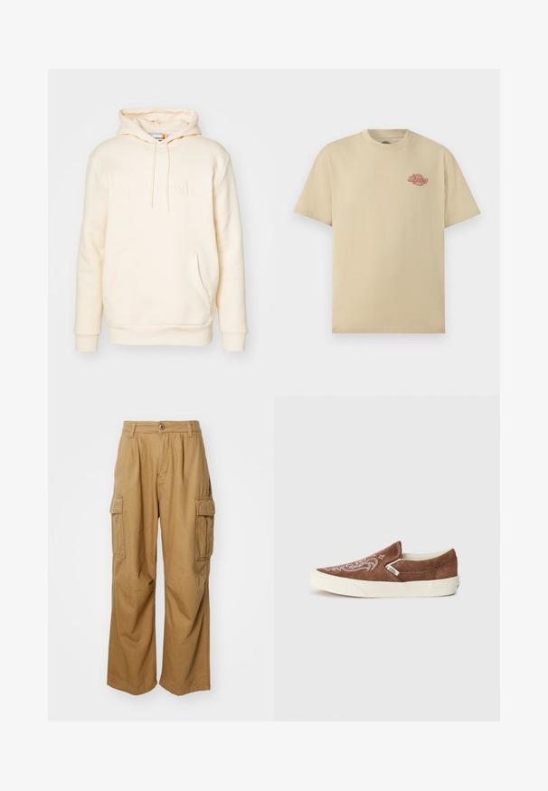 Crème kleurige hoodie van zacht materiaal, met een kangoeroe zak, trekkoord aan de capuchon en een reliëf "Timberland" logo op de voorkant.; Beige T-shirt met korte mouwen en ronde hals, met een klein rood "Dickies" logo op de linkerborst.; Tan cargobroeken met een rechte pijpdesign, voorzien van twee zijzakken en een knoopsluiting. Gemaakt van een zachte, duurzame stof.; Vans CLASSIC SLIP ON UNISEX - Sneakers laag - potting soil/marshmallow