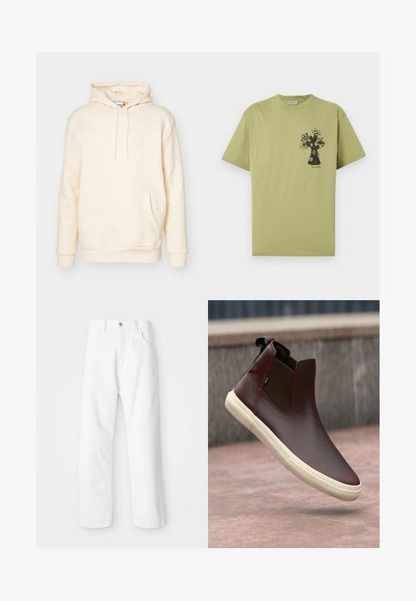 Kermanvärinen huppari, joka on valmistettu pehmeästä kankaasta. Siinä on kenguruposkikosto, nyöritettävä huppu ja kohotettu "Timberland"-logo edessä.; Vaaleanvihreä lyhythihainen T-paita, jossa vasemmassa rintakehän kohdalla musta abstrakti kukkapuu-grafiikka ja pienen tekstin alla oleva kuva.; Valkoiset farkut suoran lahkeiden muotoilulla, joissa on etunappi ja vetoketjukiinnitys, viisi taskua ja siisti, teksturoitu pinta.; Ruske nahkne čizme s elastičnim bočnim panelima, glatkom površinom, belim gumenenim đonom i minimalističkim dizajnom.