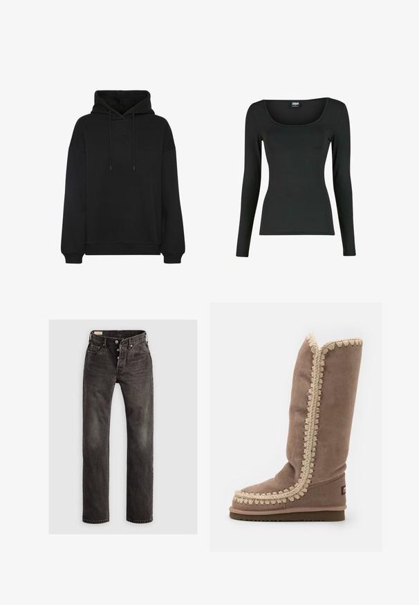 Hoodie noir avec une grande poche avant, arborant un logo brodé ton sur ton sur la poitrine, une capuche avec cordon de serrage et des poignets et un ourlet en côtelé.; Haut noir à manches longues avec un col en scoop, fabriqué dans un tissu lisse et extensible. Présente une coupe ajustée et des coutures minimales pour une apparence élégante.; Jean droit gris foncé en denim, avec une fermeture à boutons, un design à cinq poches et des détails légèrement délavés sur le tissu.; Botte en daim marron haute avec une broderie beige complexe le long du bord, bout arrondi et semelle plate. Design simple et épuré.