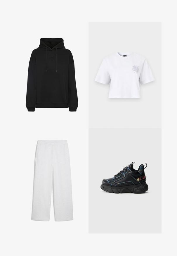 Hoodie noir avec une grande poche avant, arborant un logo brodé ton sur ton sur la poitrine, une capuche avec cordon de serrage et des poignets et un ourlet en côtelé.; T-shirt blanc court à manches courtes avec un petit motif d'art linéaire abstrait et d'étoiles sur la partie supérieure gauche de la poitrine.; Pantalon de survêtement gris clair avec taille élastique, poches latérales, jambes larges, et petit logo Puma blanc sur la cuisse droite.; Baskets noires en cuir texturé, avec des accents bleus et irisés, une semelle épaisse et un logo multicolore contrastant au talon.