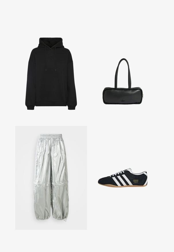 Sort hoodie med en stor frontlomme, med en tonal broderet logo på brystet, snoretræk i hætten og ribbede muffer og kant.; Sølv letvægts cargo-bukser med en skinnende overflade, elastisk talje, samlede manchetter og to store forlommer.; Sort ruskinds sneaker med hvide tre striber, guldlogo og en brun gummisål. Har et lavprofil snørebåndsdesign.; Sort rektangulær håndtaske med lange dobbelte håndtag, perleudskæring langs kanterne og lille Adidas-logo i midten forneden.