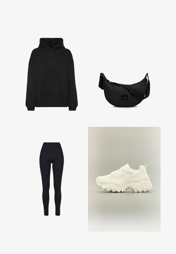 Sort hoodie med en stor frontlomme, med en tonal broderet logo på brystet, snoretræk i hætten og ribbede muffer og kant.; Sorte højtaljerede leggings, lavet af strækbart stof, med en glat tekstur og en tætsiddende design uden synlige sømme eller mønstre.; Hvid chunky sneaker med tyk tekstureret sål, mesh paneler, snørelukning foran og trækstrop ved hælen på en neutral baggrund.; Sort crossbody taske lavet af holdbart stof, med en rund form, justerbar rem og et logo-patch på forsiden.