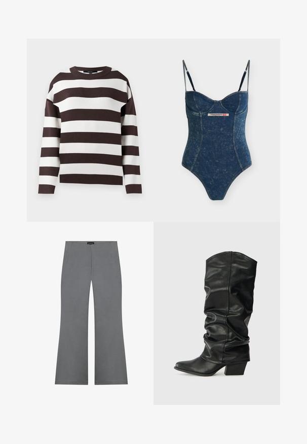 Bruin en wit gestreepte trui, ronde halslijn, gebreide textuur, brede horizontale strepen, ontspannen pasvorm met verlaagde schouders.; Donkerblauw denim-effect eendelig body met dunne verstelbare bandjes en een Diesel Industry logopatch op het midden vooraan.; Grijze uitlopende broeken met een gladde textuur, voorzien van een hoge taille en een strakke vormgeving. Geen zichtbare patronen of metalen details.; Zwarte leren laarzen tot de knie met een verslonden ontwerp, puntige neus en een chunky hak, voorzien van een zachte textuur en minimale stiksels.