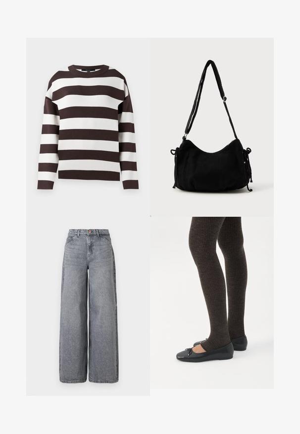 Brun og hvid stribet sweater, rund halsudskæring, strikket tekstur, brede horisontale striber, afslappet pasform med droppede skuldre.; Bredde ben denim jeans i en falmet grå vask, med fem lommer, en knaplukning og en blød tekstur med subtile fældningsdetaljer.; Ben iført mørke ribbede leggings kombineret med sorte balletsko med små sløjfedetaljer på hvid baggrund.; Sort kordfløjls skuldertaske med en buet form, justerbar strop og snorelukninger på begge sider til størrelsejustering.