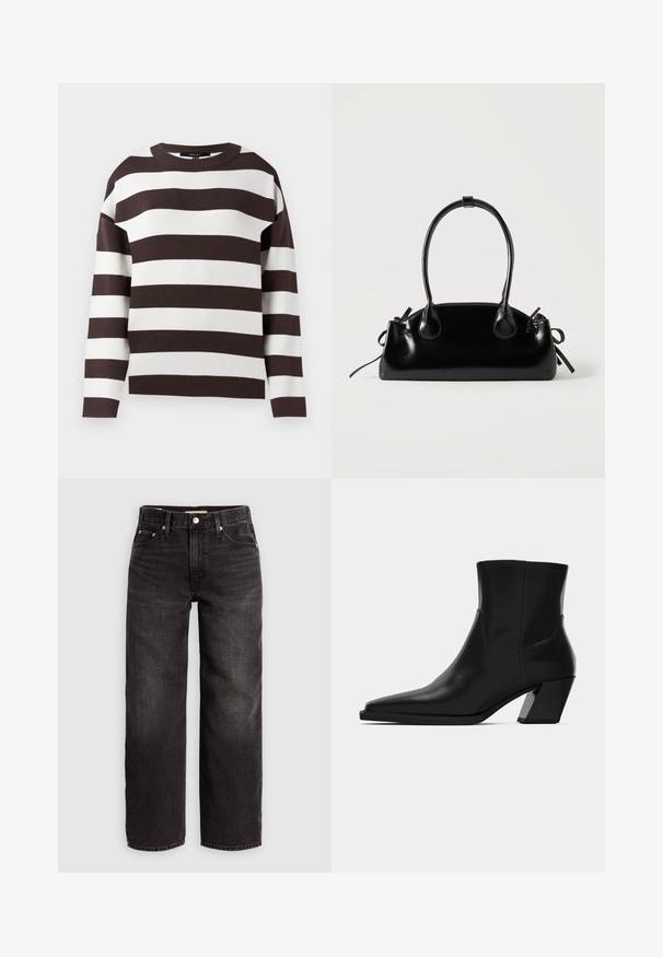 Brun og hvid stribet sweater, rund halsudskæring, strikket tekstur, brede horisontale striber, afslappet pasform med droppede skuldre.; Levi's® BAGGY DAD - Baggy jeans - shrink up; Sortlæder ankelstøvle med spids tå, en slank silhuet og en kraftig firkantet hæl. Glat tekstur med minimale stikninger.; Lille sort blank håndtaske med to lange håndtag og snøre-detaljer i siden på en ensfarvet lys baggrund.