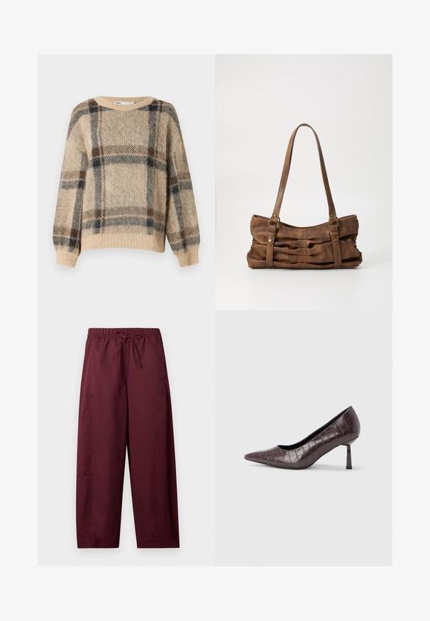 Pull en tricot beige avec un motif à carreaux marron et bleu marine, doté d'un large col et de poignets côtelés. Texture douce et pelucheuse.; Pantalon ample couleur bordeaux avec taille élastique et cordon de serrage, jambes droites, sans poches visibles ni motifs.; Escarpins à bout pointu en similicuir marron avec une texture crocodile, dotés d’un talon fin et angulaire ainsi que d’une doublure intérieure lisse.; Even&Odd by Zalando Sac à main - brown
