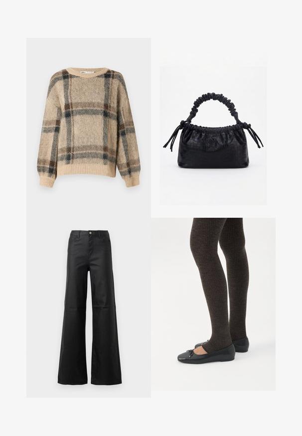 Pull en tricot beige avec un motif à carreaux marron et bleu marine, doté d'un large col et de poignets côtelés. Texture douce et pelucheuse.; Jean noir à jambe large en denim lisse, avec une fermeture à bouton, des poches avant et une taille haute.; Jambes portant des leggings côtelés foncés associés à des ballerines noires avec de petits détails en nœud sur fond blanc.; Sac à main noir avec texture crocodile, bord supérieur froncé, poignée plissée et pompons à cordon de chaque côté sur fond blanc.