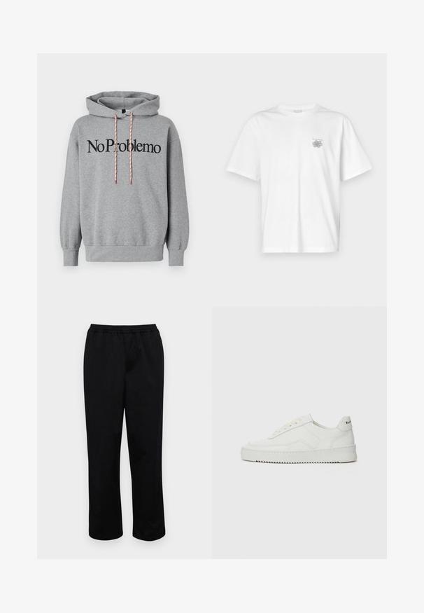 Grijze hoodie met een kangoeroezak, trekkoordkap in rood en wit, met "No Problemo" in vette zwarte letters over de voorkant gedrukt.; Witte t-shirt van katoen met korte mouwen, een ronde hals, en een klein grijs logo op de linker borstzijde. Soepele textuur.; Zwarte, halflange broeken met een elastische tailleband. Gemaakt van een soepel stof, met een ontspannen pasvorm en zonder zichtbare zakken of versieringen.; Witte leren sneaker met een gladde afwerking, ronde neus, platte veters en een gestructureerde zool. Kenmerkt zich door een subtiel logo op de hiel.