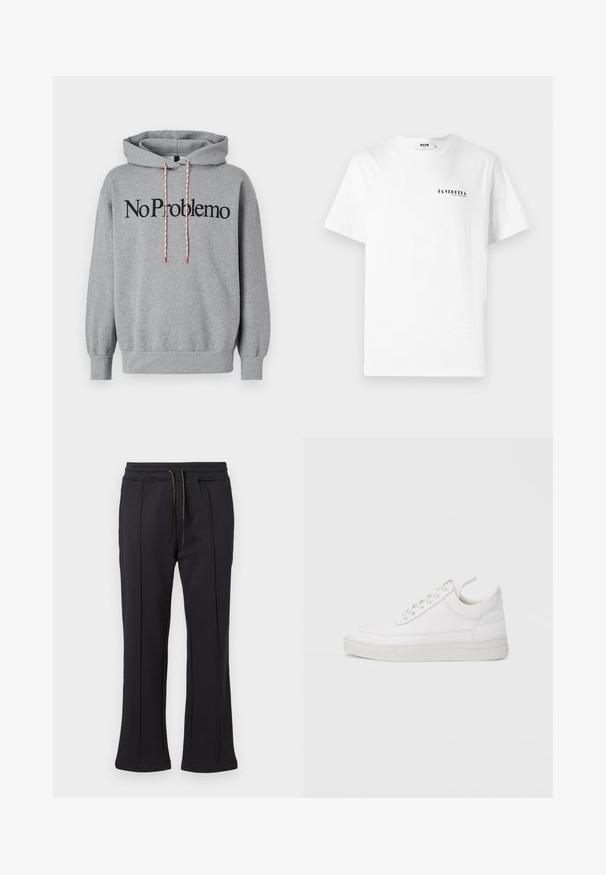 Grijze hoodie met een kangoeroezak, trekkoordkap in rood en wit, met "No Problemo" in vette zwarte letters over de voorkant gedrukt.; Witte katoenen t-shirt met een ronde hals, met een kleine zwarte graphic tekst "LA VEDDITA" op de linkerkant van de borst.; Zwarte joggingbroek met een flared ontwerp, voorzien van twee zijzakken met rits en een verstelbare trekkoord in de taille. Soepele textuur en minimale branding.; Witte leren sneaker met een afgeronde neus, platte zool en veters aan de voorkant. Voorzien van stikseldetails en een gevoerde kraag voor comfort.