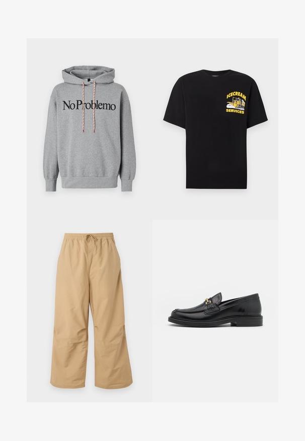 Grå hættetrøje med kængurulomme, snoretræk til hætten i rød og hvid, med "No Problemo" trykt i fede sorte bogstaver over forsiden.; Sort T-shirt med gul grafik af en isvogn og teksten "ICECREAM SERVICES" på venstre bryst.; Beige vide ben bukser lavet af letvægtsstof med en elastisk talje og snøre samt syede detaljer nær kanten.; Sorte læder loafers med en rund tå, der har guld hardware accent og syningsdetaljer, placeret på en lav, tekstureret gummisål.