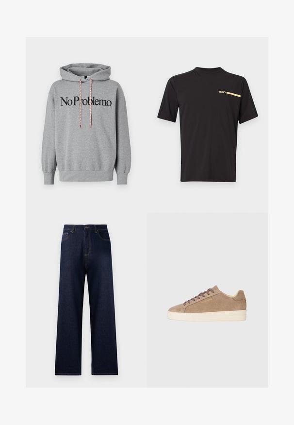 Grauer Hoodie mit einer Kängurutasche, Kapuze mit roten und weißen Zugbändern, versehen mit dem Aufdruck "No Problemo" in fetten schwarzen Buchstaben auf der Vorderseite.; Schwarzes sportliches Kurzarmshirt mit kleinem gelbem "e27"-Logo und Streifen auf der oberen linken Brust, Rundhalsausschnitt und dezenten strukturierten Seitenteilen.; Dunkelblaue Jeans aus Denim mit hoher Taille, weitem Bein und Kontrastnähten. Merkmale sind Fronttaschen und eine einzelne Gesäßtasche.; Beige Wildlederschuh mit runder Zehenpartie, cremefarbener Gummisohle und braunen Schnürsenkeln. Verfügt über ein prägendes Markenlogo an der Seite und ein strukturiertes Material.