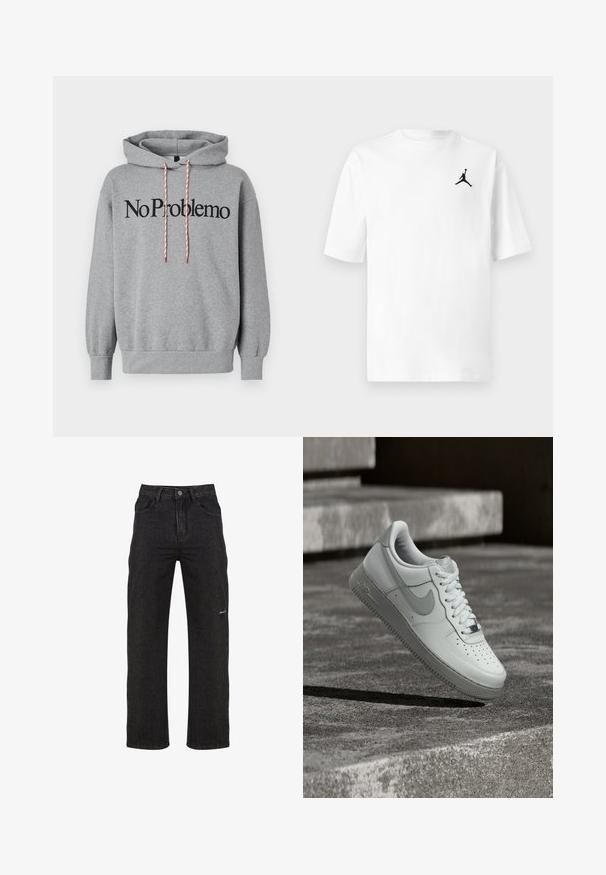 Grauer Hoodie mit einer Kängurutasche, Kapuze mit roten und weißen Zugbändern, versehen mit dem Aufdruck "No Problemo" in fetten schwarzen Buchstaben auf der Vorderseite.; Weißes Baumwoll-T-Shirt mit Rundhalsausschnitt und kurzen Ärmeln. Es zeigt ein kleines schwarzes Jordan-Logo auf der linken Brustseite.; Schwarze Denim-Jeans mit geradem Bein, ausgestattet mit einem Knopfverschluss, fünf Taschen und subtiler Markenstickerei auf der Vorderseite.; Weißer Nike Air Force 1 Sneaker, der über einer strukturierten Betonoberfläche schwebt, mit Steinstufen im Hintergrund.