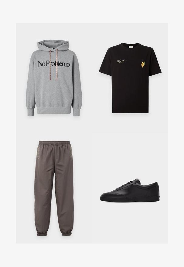 Grå hættetrøje med kængurulomme, snoretræk til hætten i rød og hvid, med "No Problemo" trykt i fede sorte bogstaver over forsiden.; Sort T-shirt med rund hals med hvidt "Filling Pieces 'Baking Bread'" tekst på venstre bryst og små broderede gule og grønne chilipebre på højre bryst.; Mørkegrå, elastiske bukser med en afslappet pasform. Har samlede manchetter og subtil broderi på siderne. Letvægtsstof.; Sort lavtstående lædersneaker med snørebånd foran og flad gummisål, vist fra siden på en ensartet hvid baggrund.