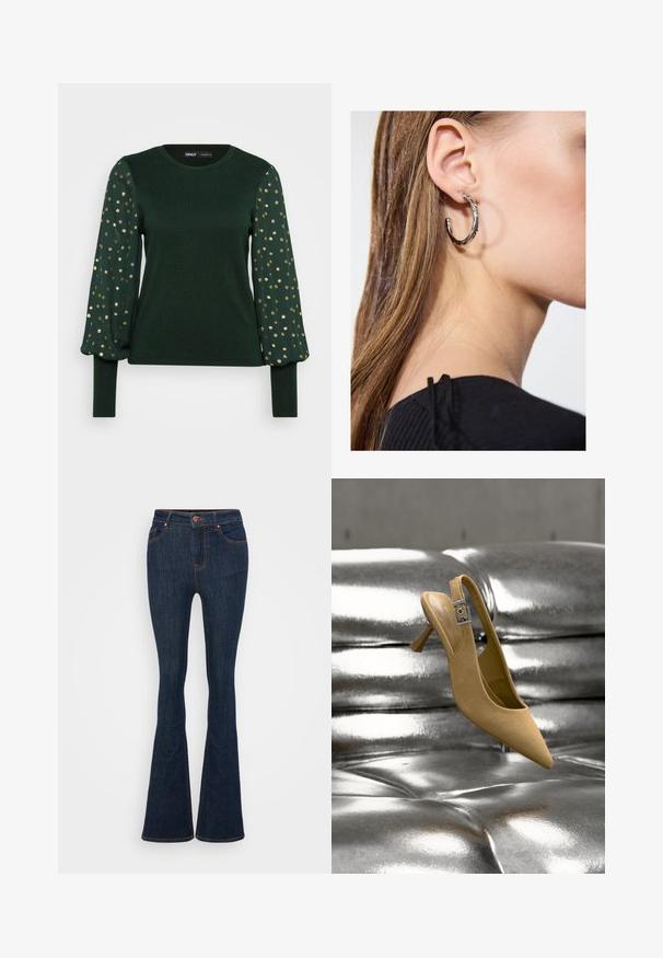 Camiseta verde de manga larga con un cuerpo texturizado y mangas abullonadas, adornada con patrones de pequeños puntos dorados. Cuello redondo y puños ajustados.; Jeans de mezclilla azul oscuro acampanados con costuras visibles, bolsillos delanteros y cierre de botón. Textura suave con un ligero estiramiento.; Zapato beige de ante con tacón kitten y tira trasera, con una hebilla plateada, colocado sobre una superficie metálica brillante y capitonada.; Pendiente de aro de plata con un acabado pulido, que presenta pequeños detalles en dorado y una forma redonda, llevado en el lóbulo.