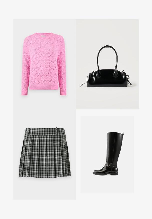 Lyserød strikket sweater med et tekstureret diamantmønster, ribbet krave og manchetter, lange ærmer og en let løs pasform.; Sort-hvidt ternet plisseret nederdel med en glat talje og flere lodrette folder. Fremstillet af let stof.; Sorte knæhøje støvler lavet af blankt læder med en sølvfarvet spænde ved anklen og rundet snude. Flad sål.; Lille sort blank håndtaske med to lange håndtag og snøre-detaljer i siden på en ensfarvet lys baggrund.