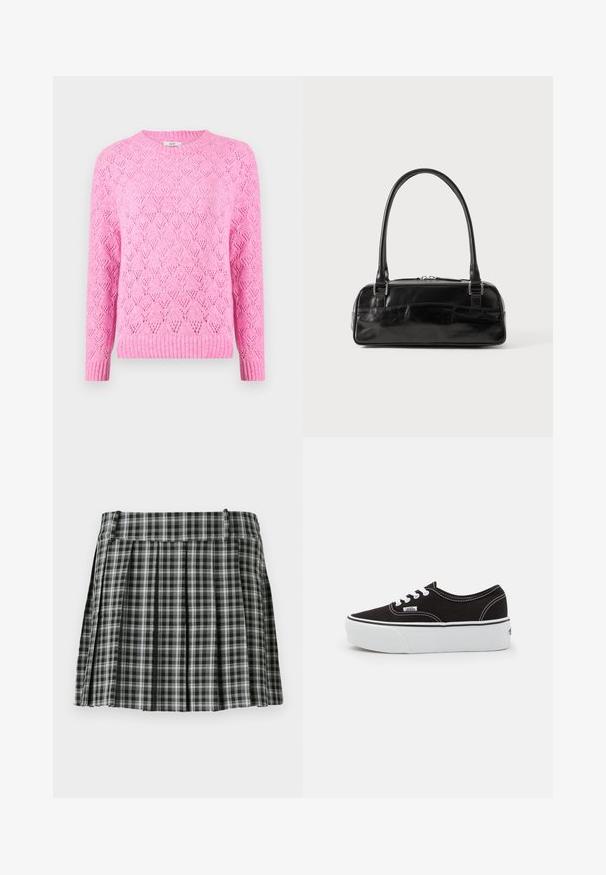 Lyserød strikket sweater med et tekstureret diamantmønster, ribbet krave og manchetter, lange ærmer og en let løs pasform.; Sort-hvidt ternet plisseret nederdel med en glat talje og flere lodrette folder. Fremstillet af let stof.; Sort lærred sneakers med en hvid gummi platform sål, der har hvide snørebånd og syninger, ikonisk branding på siden, lav-top design.; Sort læderhåndtaske med rektangulær form, der har et enkelt struktureret håndtag, sølvhardware og lynlås-lukning. Glat tekstur.