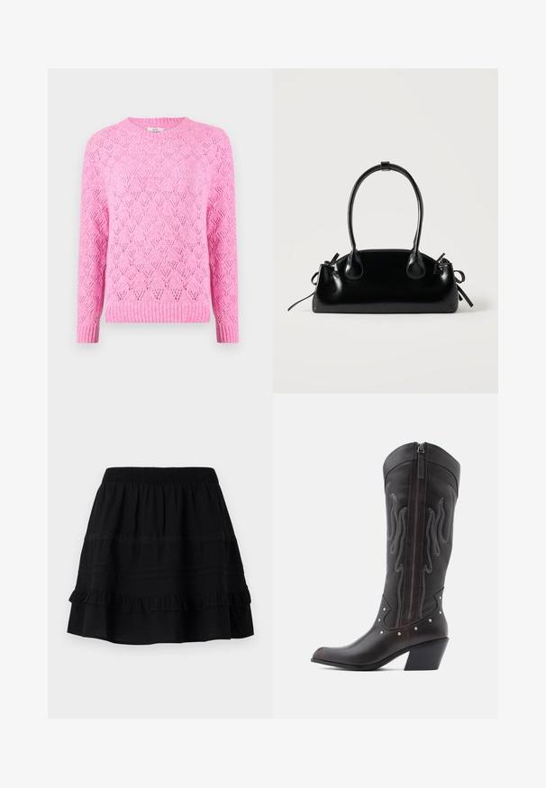 Suéter rosa de punto con un patrón de diamantes texturizado, cuello y puños acanalados, mangas largas y un corte ligeramente holgado.; Falda de algodón negra con un diseño de volantes en capas, que presenta una cintura elástica y adornos de costuras en contraste y bandas de encaje.; Botas de cowboy de cuero marrón con costuras en forma de llama, cremallera lateral, tachuelas plateadas, punta puntiaguda y tacón apilado.; Pequeño bolso negro brillante con dos asas largas y detalles de cordón lateral sobre un fondo claro liso.