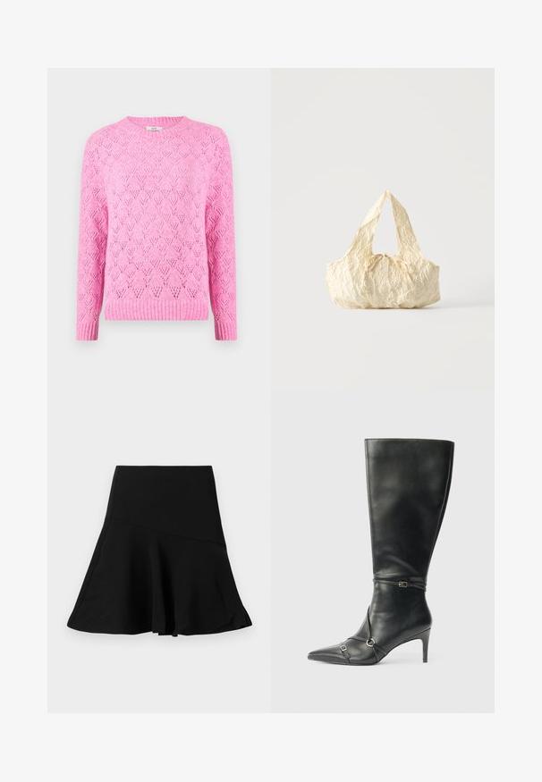 Lyserød strikket sweater med et tekstureret diamantmønster, ribbet krave og manchetter, lange ærmer og en let løs pasform.; Sort flagrende nederdel med et asymmetrisk sømdetalje, lavet af glat stof, vist fladt på en hvid baggrund.; Sorte knæhøje støvler i læder med en slank hæl, spids tå og remdetaljer ved anklen. Glat tekstur og tætsiddende design.; Håndtaske i cremefarvet tekstureret stof med top-håndtag og en lille bundet sløjfe-detalje midt foran.