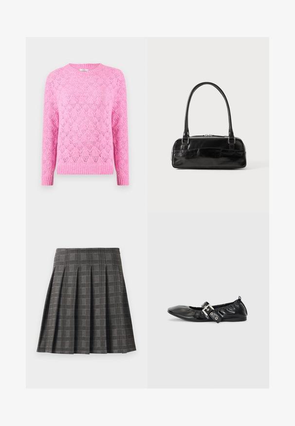Lyserød strikket sweater med et tekstureret diamantmønster, ribbet krave og manchetter, lange ærmer og en let løs pasform.; Plisseret nederdel i et gråt ternet mønster, lavet af et tekstureret stof. Har lodrette pliser og en lige kant.; Sorte læder flade sko med spids tå, samling detaljer omkring åbningen, og en sølv spænde accent på den justerbare rem.; Sort læderhåndtaske med rektangulær form, der har et enkelt struktureret håndtag, sølvhardware og lynlås-lukning. Glat tekstur.