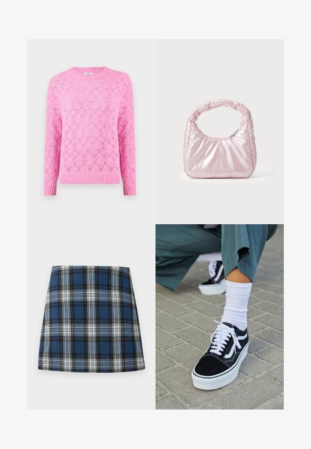 Lyserød strikket sweater med et tekstureret diamantmønster, ribbet krave og manchetter, lange ærmer og en let løs pasform.; Blåternet skørt med et varieret ternmønster i blå, sort og hvid. Fremstillet af et struktureret stof med en tætsiddende silhuet.; Sorte ruskinds sneakers med hvide accenter og snørebånd, der har en tyk hvid sål og kontrasterende syninger, parret med en hvid sok.; Rosa, polstret håndtaske med afrundet design, lavet af skinnende materiale. Har et samlet håndtag og en lynlås til sikker adgang.