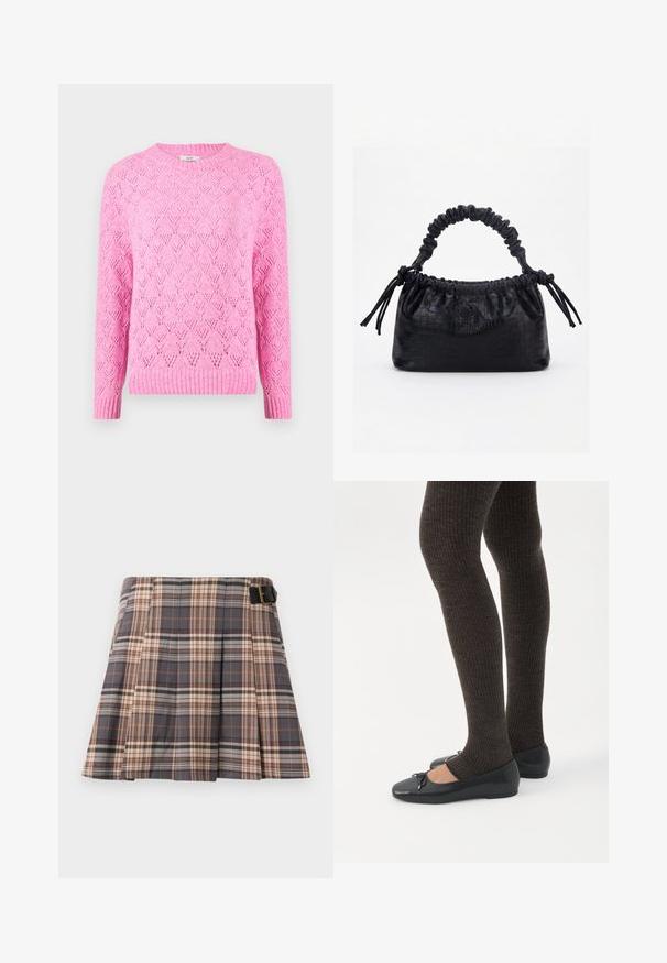 Roze gebreide trui met een gestructureerd ruitpatroon, geribbelde kraag en manchetten, lange mouwen, en een iets losse pasvorm.; Geruite rok in grijs, beige en roestkleur; heeft plooien, een gespdetail en een gestructureerd ontwerp. Gemaakt van een geweven stof.; Benen met donkere geribbelde leggings gecombineerd met zwarte ballerina's met kleine strikdetails op een witte achtergrond.; Zwarte handtas met krokodillenstructuur, geplooide bovenrand, samengevoerde handgreep en koordtassels aan elke kant tegen een witte achtergrond.