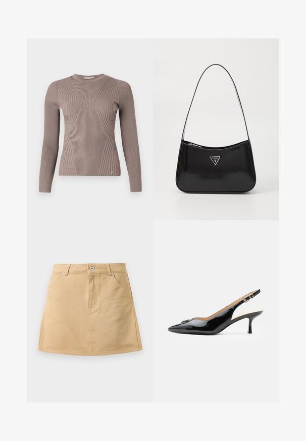 Langærmet ribbet sweater i lys taupe, med en tætsiddende design, der har teksturerede mønstre og et lille logo accent ved kanten.; Beige denim miniskirt med frontlommer, bæltestropper og en metalknaplukning på en hvid baggrund.; Sort patentlæder slingback hæl med spids tå, lille kitten hæl og sølvspænde på en ensartet hvid baggrund.; Sort patenteret læder skuldertaske med en buet form, prydet med et sølvfarvet trekantet logo og en lynlås-lukning. Glat tekstur og slank rem.