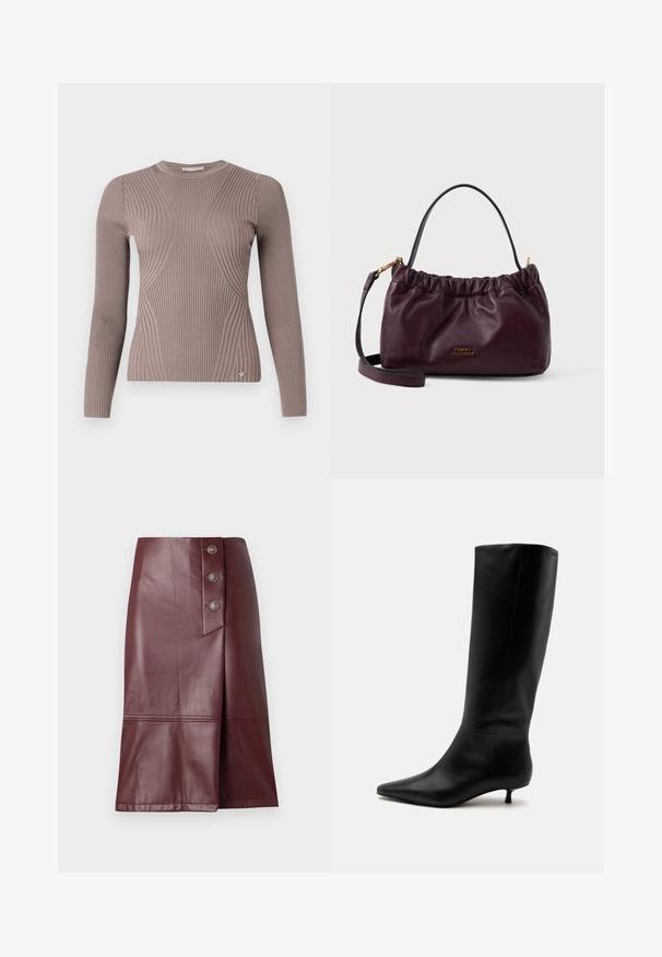 Langærmet ribbet sweater i lys taupe, med en tætsiddende design, der har teksturerede mønstre og et lille logo accent ved kanten.; TWINSET COATED SKIRT - A-snit nederdel - wine tasting; Sort læder knæhøj støvle med spids snude og lav kittenhæl mod en ensfarvet lys baggrund.; Bordeaux læder håndtaske med samlet design, guldhardware detaljer og en aftagelig rem; har et logo på forsiden.