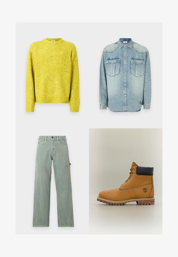 Pull jaune tricoté avec texture côtelée, encolure ronde et manches longues ; présente un petit logo sur la poitrine.; Chemise en denim bleu clair à manches longues, fermeture à boutons-pression, col pointu, deux poches poitrine et écusson de la marque sur le côté inférieur.; Jean large couleur vert clair en denim, avec un design classique à cinq poches et des détails subtilement usés.; Bottine en cuir marron avec col noir, lacets jaunes et semelle beige. Présente un logo et des détails de couture blanche. Semelle extérieure à traction robuste.