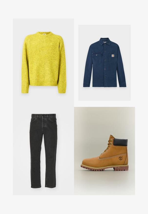 Pull jaune tricoté avec texture côtelée, encolure ronde et manches longues ; présente un petit logo sur la poitrine.; Chemise de travail en velours côtelé bleu marine avec manches longues, fermeture à boutons-pression, deux poches poitrine et petit logo Carhartt sur la poche droite.; Jean en denim noir avec une coupe droite, style cinq poches classique, taille avec bouton et finition délavée. Texture lisse, sans motifs visibles.; Bottine en cuir marron avec col noir, lacets jaunes et semelle beige. Présente un logo et des détails de couture blanche. Semelle extérieure à traction robuste.
