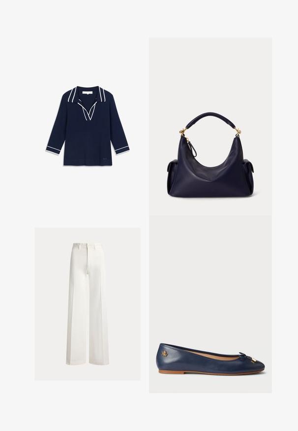 Haut en maille bleu marine avec un col en V, orné d'un liseré blanc le long du col et des poignets. Manches longues, coupe décontractée, ourlet droit.; Pantalon blanc taille haute à jambes larges avec passants pour ceinture et fermeture avant à boutons, présenté sur un fond uni.; Ballerines en cuir bleu marine avec un bout rond, un petit nœud décoratif et un détail de logo en doré sur le talon. Texture lisse et semelle flexible.; Sac à main en cuir bleu foncé avec une petite poignée incurvée, des ferrures dorées et des poches latérales à rabat sur un fond uni.