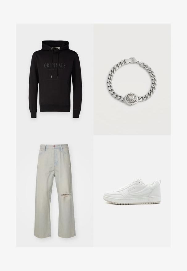 Sorte hættetrøje med kængurulomme, snoretræk i hætten og præget "ORIGINALS JACK & JONES" logo på forsiden. Materiale i bomuldsblanding.; Lyseblå denimjeans med en løs pasform, præget af slidte huller på fronten, en knaplukning og en falmet vask.; Hvide lædersneakers med lavt design, teksturerede paneler og gummisål. Funktioner inkluderer et logo og flade snørebånd.; Sølvkædearmbånd med en løvehovedmedaljon i midten og en lås med hummerlås.
