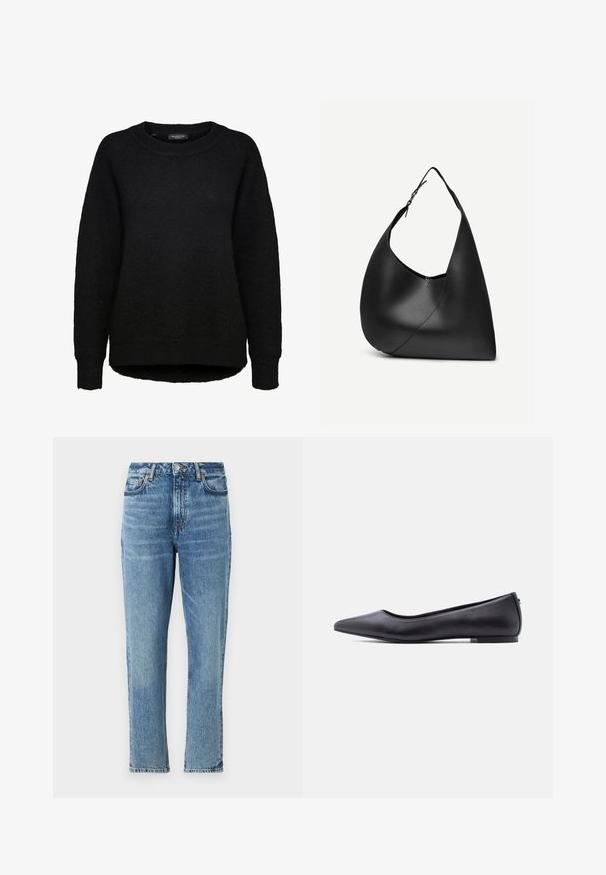 Sort langærmet striktrøje med rund halsudskæring og ribbede ærmegab, designet til kvinder, fra mærket Selected Femme.; Lyseblå denimjeans med høj talje, lige ben og slidt tekstur. Udstyret med sølvhardware og kontrasterende syninger.; Sort flad lædersko med spidst tåparti og lav hæl, vist i sideprofil mod en hvid baggrund.; Sort læder skuldertaske med buet trekantet form, enkelt justerbart rem og synlig diagonal søm foran.