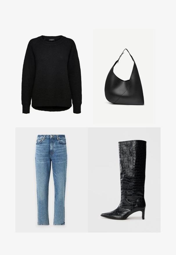 Schwarzer Langarm-Strickpullover mit rundem Ausschnitt und gerippten Bündchen, entworfen für Frauen, von der Marke Selected Femme.; Hellblaue Denim-Jeans mit hoher Taille, geradem Bein Design und verblasster Textur. Mit silbernem Hardware und kontrastierenden Nähten.; Schwarze kniehohe Stiefel mit glänzender, krokodilgeprägter Textur, spitzer Zehenpartie und schmalem Absatz. Glattes synthetisches Material.; Schwarze Leder-Schultertasche mit geschwungener dreieckiger Form, einem verstellbaren Einzelriemen und sichtbarer diagonaler Naht auf der Vorderseite.