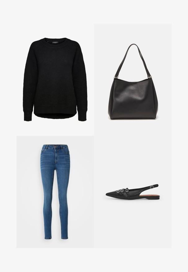 Zwarte gebreide trui met lange mouwen, ronde hals en geribbelde boorden, ontworpen voor vrouwen, van het merk Selected Femme.; Skinny jeans in medium blauw denim, met een hoge taille, voorzakken en subtiele wassing. Stiksel in een contrasterende goudkleur.; Zwarte leren slingback ballerina met spitse neus, voorzien van twee horizontale bandjes en vierkante zilveren gespen, lage hak en een gladde textuur.; Zwarte synthetische leren handtas met een zachte textuur, hobo-vorm en dubbele schouderbanden; heeft een glanzende afwerking en een minimalistisch ontwerp.
