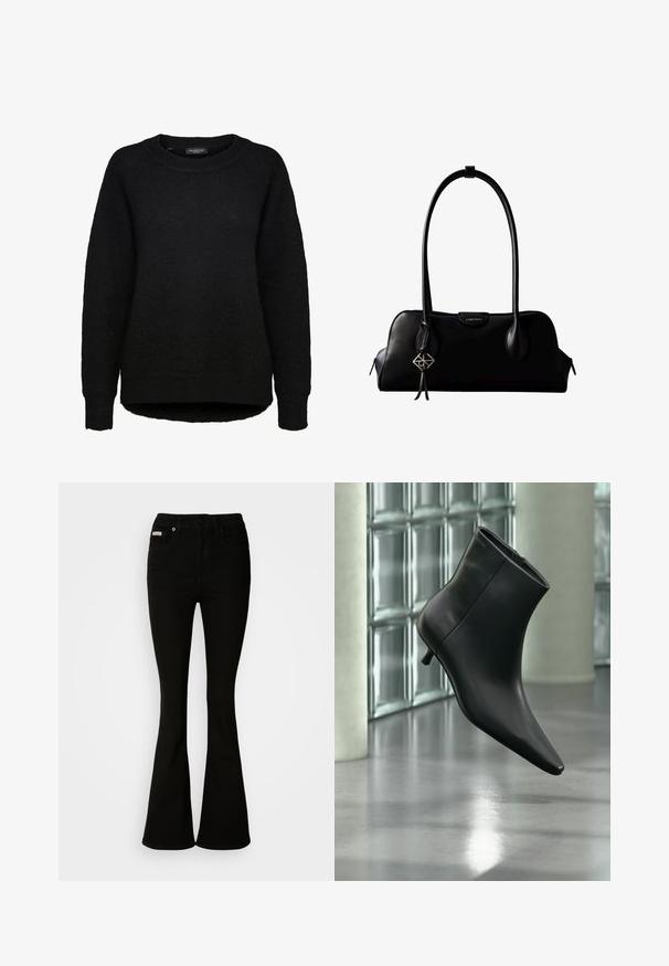 Jersey negro de punto de manga larga con cuello redondo y puños acanalados, diseñado para mujer, de la marca Selected Femme.; Jeans negros acampanados con una cintura ajustada, hechos de denim suave. Presenta dos bolsillos frontales y un cierre clásico de botón y cremallera.; Botín negro de cuero con punta puntiaguda y tacón bajo estilo kitten, mostrado en ángulo sobre un suelo pulido y con una pared de bloques de vidrio de fondo.; Bolso de mano negro de cuero Calvin Klein con asas largas, una etiqueta con el logo frontal y un colgante geométrico plateado que cuelga de una de las asas.