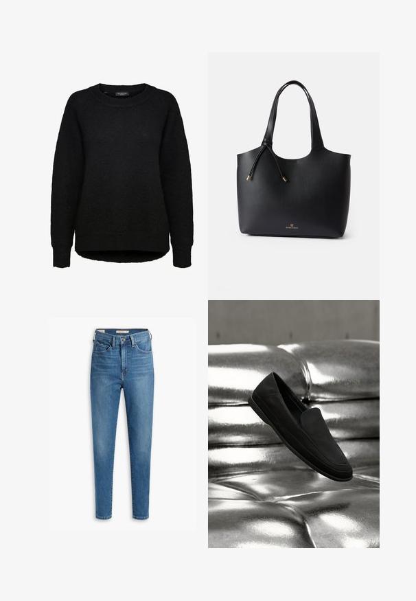 Schwarzer Langarm-Strickpullover mit rundem Ausschnitt und gerippten Bündchen, entworfen für Frauen, von der Marke Selected Femme.; Hoch taillierte blaue Jeans aus Denim mit einem klassischen Fünf-Taschen-Design, genähten Details und einer schmalen Passform mit schmal zulaufenden Beinen.; Schwarzer Slipper mit flacher Sohle, der über einer glänzenden, metallisch-silbernen, gesteppte Lederoberfläche schwebt.; Schwarze Ledertasche mit glatter Textur, offener Oberseite, zwei Schulterträgern und einem dezenten goldenen Logo an der Unterseite. Verfügt über einen Kordelzugverschluss.