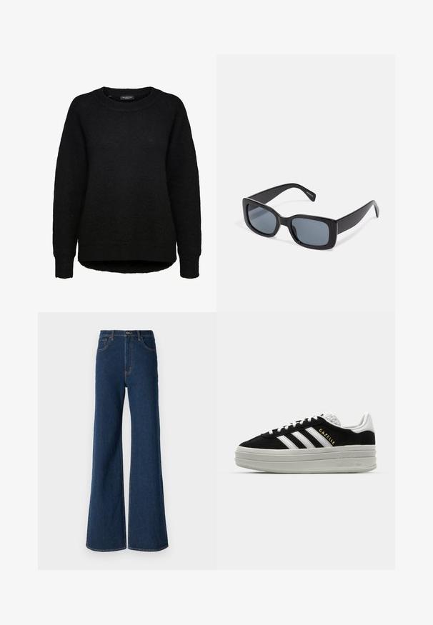 Sort langærmet striktrøje med rund halsudskæring og ribbede ærmegab, designet til kvinder, fra mærket Selected Femme.; Abercrombie & Fitch Jeans Relaxed Fit - rinse; Sort ruskind sneaker med hvide læderdetaljer, tre hvide striber, flade snørebånd og en tyk grå platformsål. Guldfarvet "Gazelle" branding.; Sorte rektangulære solbriller med mørkt tonede linser, tyk plastramme og brede stænger. Glat overflade og kantet design.