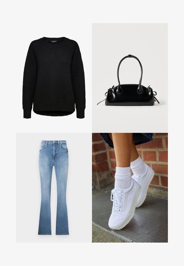 Schwarzer Langarm-Strickpullover mit rundem Ausschnitt und gerippten Bündchen, entworfen für Frauen, von der Marke Selected Femme.; Helle blaue Schlagjeans aus Denim, mit hoher Taille, Fronttaschen und einem dezenten Verlauf zum Saum. Mit hellem Nähen.; Weiße Leinensneaker mit Gummisohlen, ausgestattet mit sechs Ösen, runder Zehenpartie und dezenten Nähten, kombiniert mit weißen Knöchelsocken.; Kleine schwarze glänzende Handtasche mit zwei langen Griffen und seitlichen Kordelzug-Details vor einfachem hellem Hintergrund.