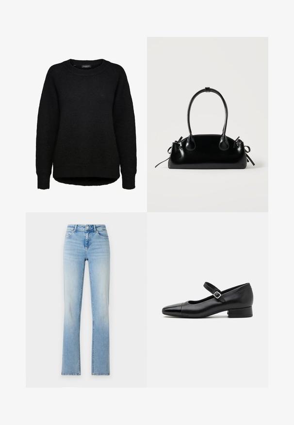 Zwarte gebreide trui met lange mouwen, ronde hals en geribbelde boorden, ontworpen voor vrouwen, van het merk Selected Femme.; Lichtblauwe denim jeans met een hoge taille, rechte pijpen en subtiele vervaging. Voorzien van vijf zakken en riemlussen.; Zwarte leren Mary Jane schoenen met een gepatenteerde neus, verstelbare enkelband en lage blokhak. Een gladde textuur en een elegante uitstraling.; Kleine zwarte glanzende handtas met twee lange hengsels en zijkant trekkoord details op een effen lichte achtergrond.