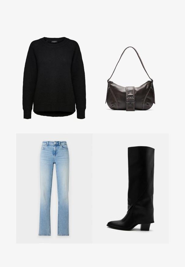 Schwarzer Langarm-Strickpullover mit rundem Ausschnitt und gerippten Bündchen, entworfen für Frauen, von der Marke Selected Femme.; Hellblaue Denim-Jeans mit hoher Taille, geradem Bein und dezentem Verblassen. Verfügt über fünf Taschen und Gürtelschlaufen.; Hoher schwarzer Lederstiefel mit schräger Naht, spitzer Spitze und klobigem mittelhohem Absatz auf weißem Hintergrund.; Braune Lederumhängetasche mit gebogener Form, die mit einem auffälligen Schnallendetail, kontrastierenden Nähten und einem einzigen Schulterriemen ausgestattet ist.