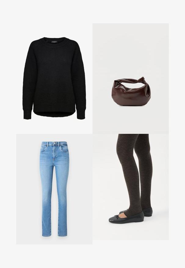 Sort langærmet striktrøje med rund halsudskæring og ribbede ærmegab, designet til kvinder, fra mærket Selected Femme.; Lysblå denimjeans med lige ben, høj talje, traditionel fem-lomme styling og subtile falmningsdetaljer.; Ben iført mørke ribbede leggings kombineret med sorte balletsko med små sløjfedetaljer på hvid baggrund.; Mørkebrun læder skuldertaske med en blød, afslappet form og et snoet knudehåndtag på en ensartet hvid baggrund.
