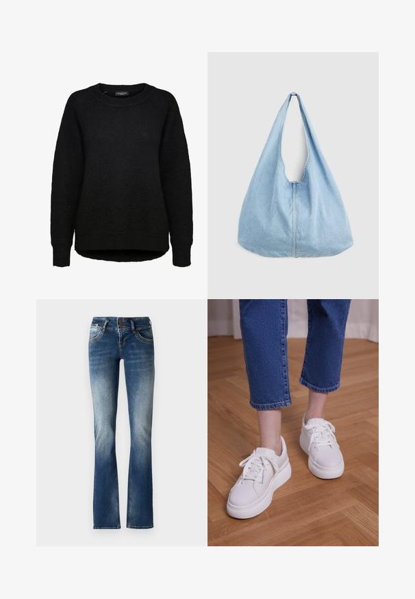 Sort langærmet striktrøje med rund halsudskæring og ribbede ærmegab, designet til kvinder, fra mærket Selected Femme.; Blå denim flared jeans med en let falmet vask, to-knaps lukning og dekorativ broderi på forlommerne.; Ben iført cropped blå jeans og hvide snørebånds-plateausneakers, stående på lyst trægulv.; Lyseblå denim skuldertaske med bred rem og synlig central søm, vist mod en ensartet lys grå baggrund.