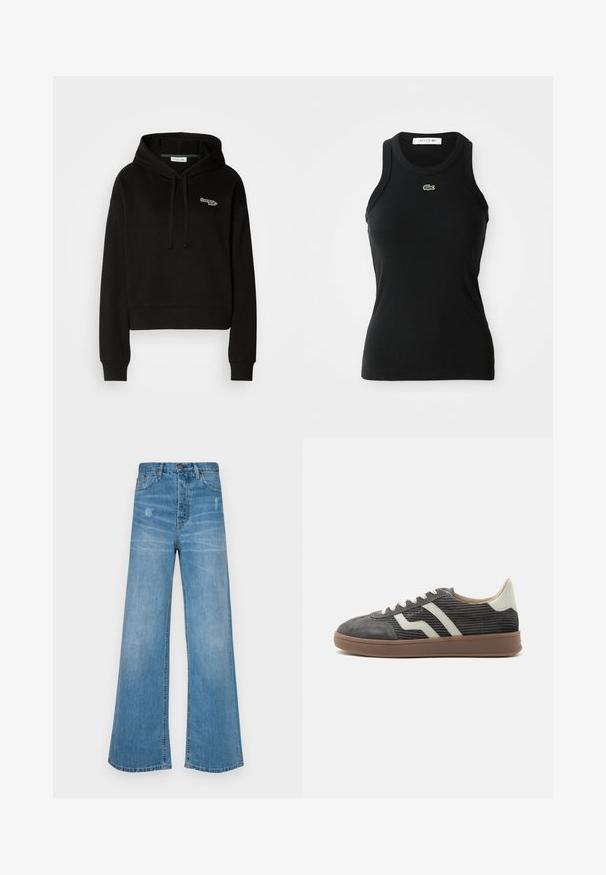 Zwarte cropped hoodie van zacht materiaal, met een capuchon met trekkoord en een groen-wit logo op de borst. Lange mouwen met ribgebreide boorden.; Zwart mouwloos geribbeld tanktop met een ronde hals en een klein groen Lacoste krokodillenlogo gecentreerd onder de halslijn.; LOIS Jeans SKATER LOOSE - Relaxed fit jeans - stone; Grijze corduroy lage sneaker met witte zijstrepen, beige hielstuk, witte veters en bruine rubberen zool.